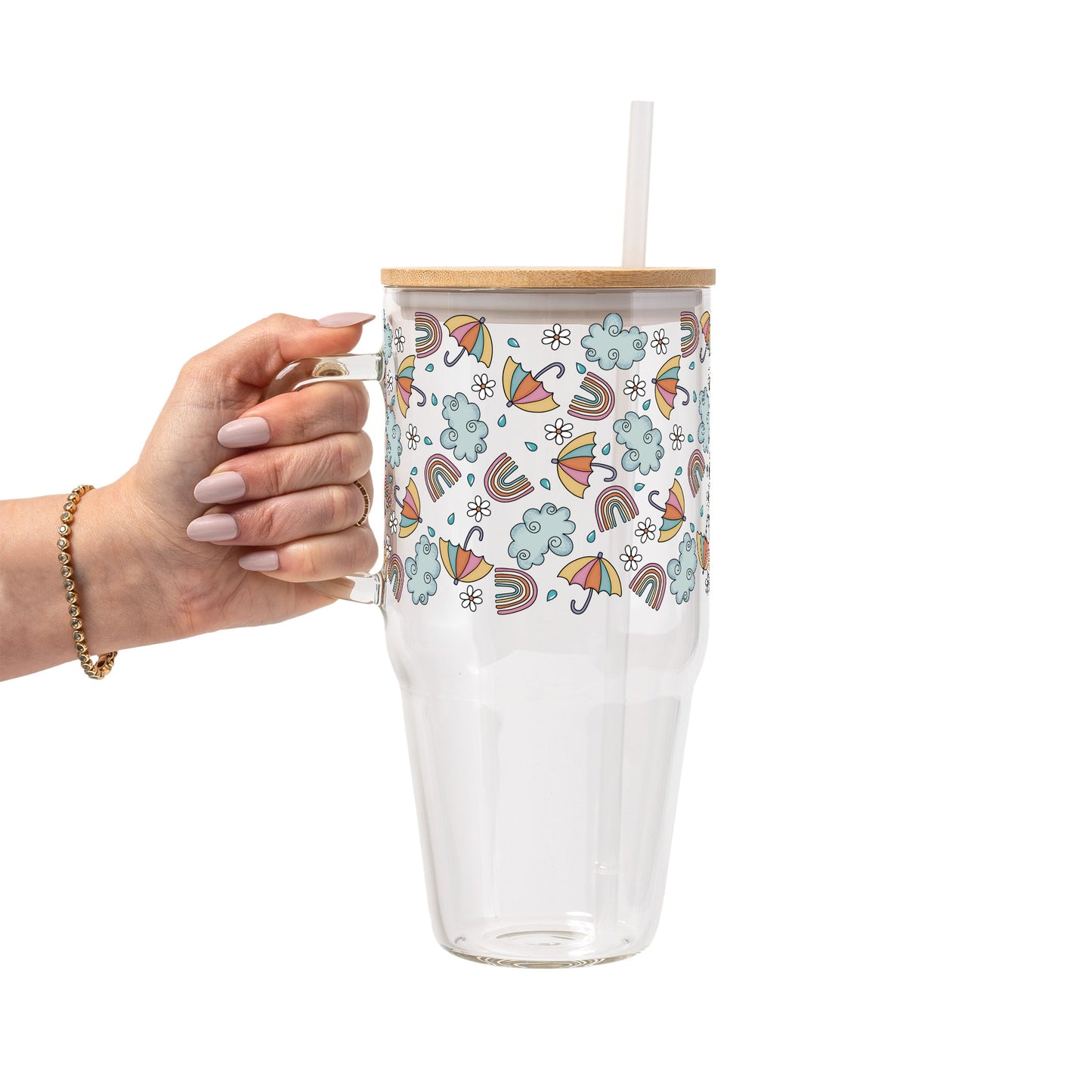 Spring Umbrella Aesthetic Glass Cup, Mug & Tumbler with Lid and Straw
