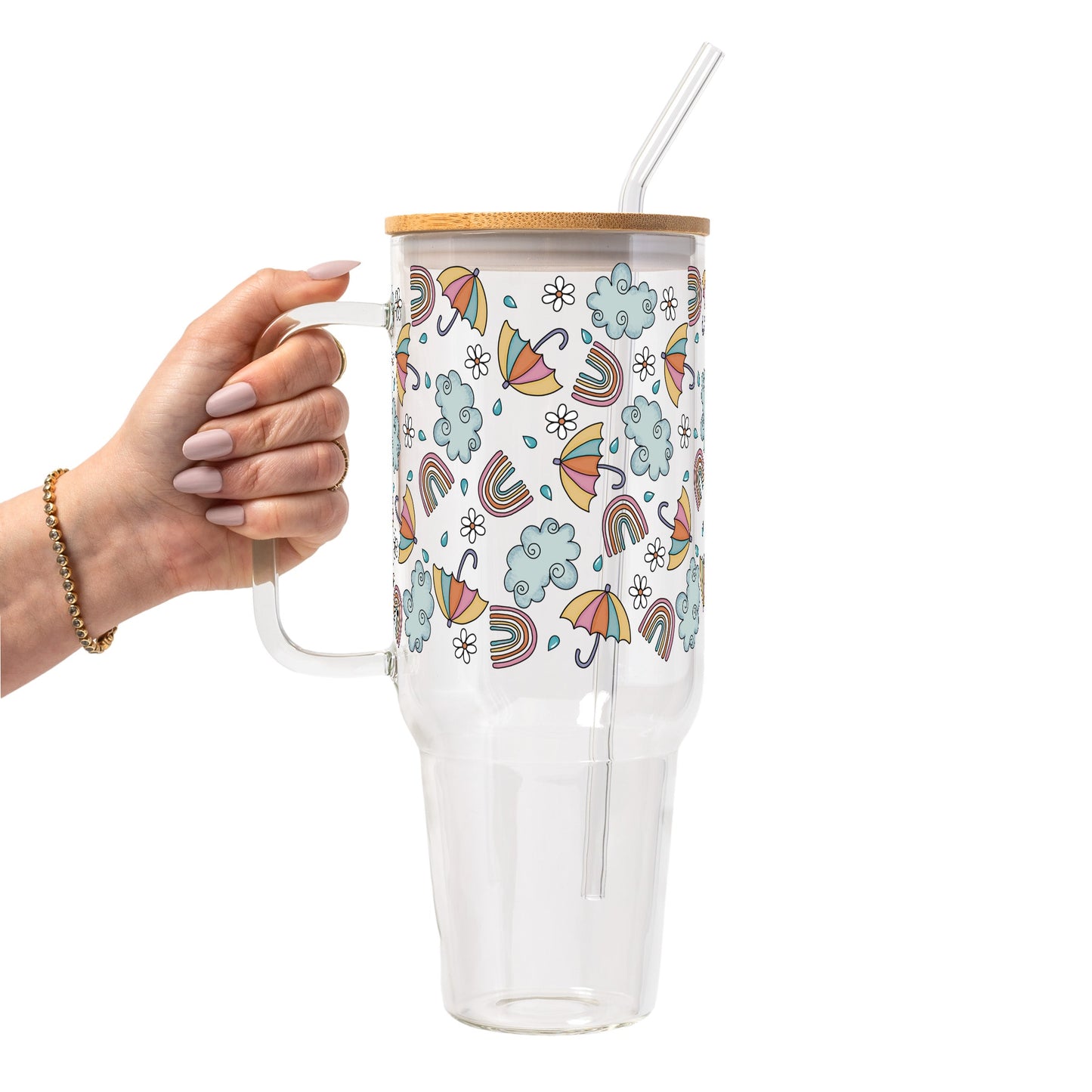 Spring Umbrella Aesthetic Glass Cup, Mug & Tumbler with Lid and Straw