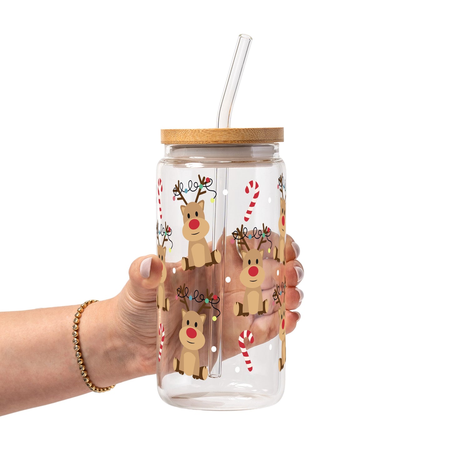 Christmas Reindeer Candy Cane Glass Cup, Mug & Tumbler with Lid and Straw