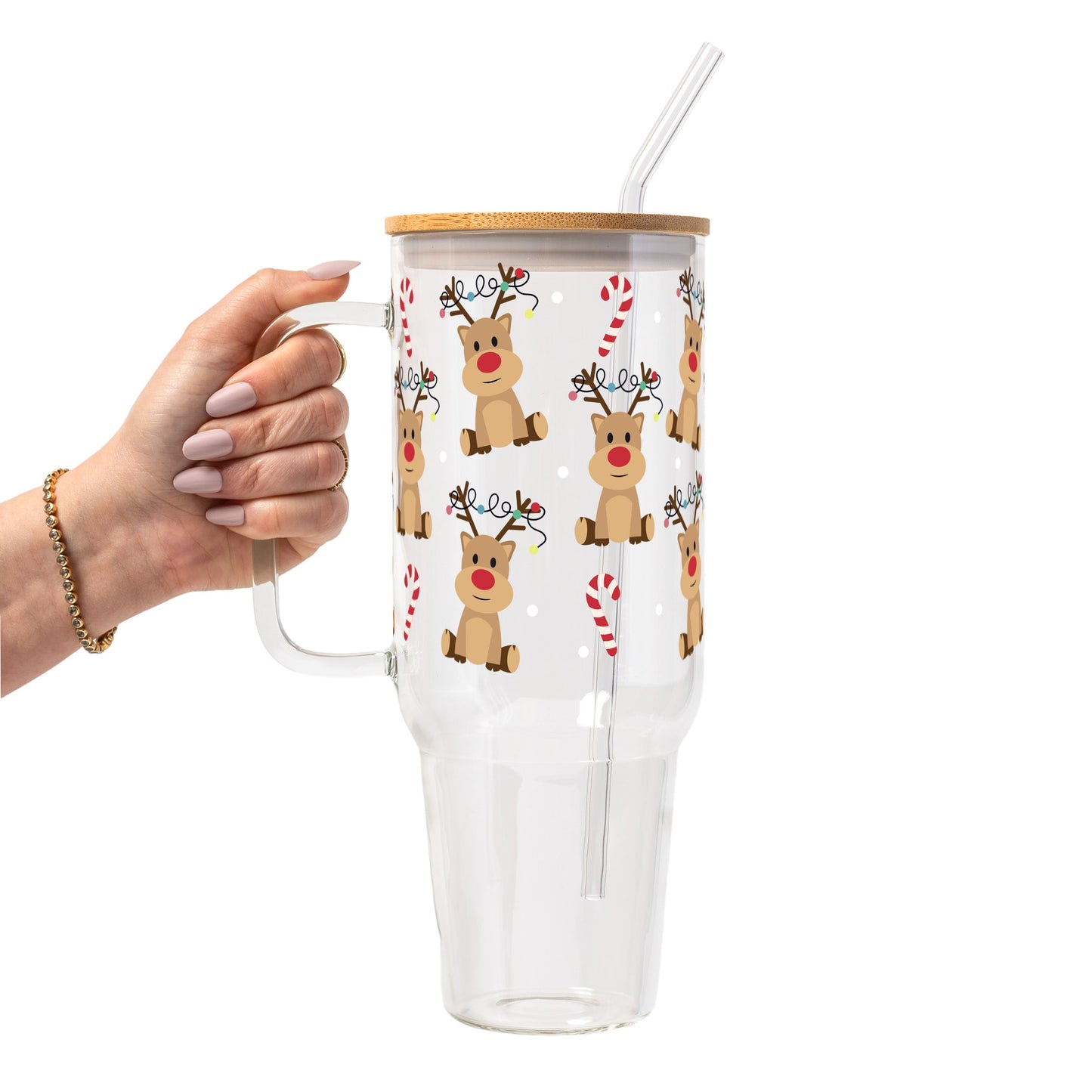 Christmas Reindeer Candy Cane Glass Cup, Mug & Tumbler with Lid and Straw