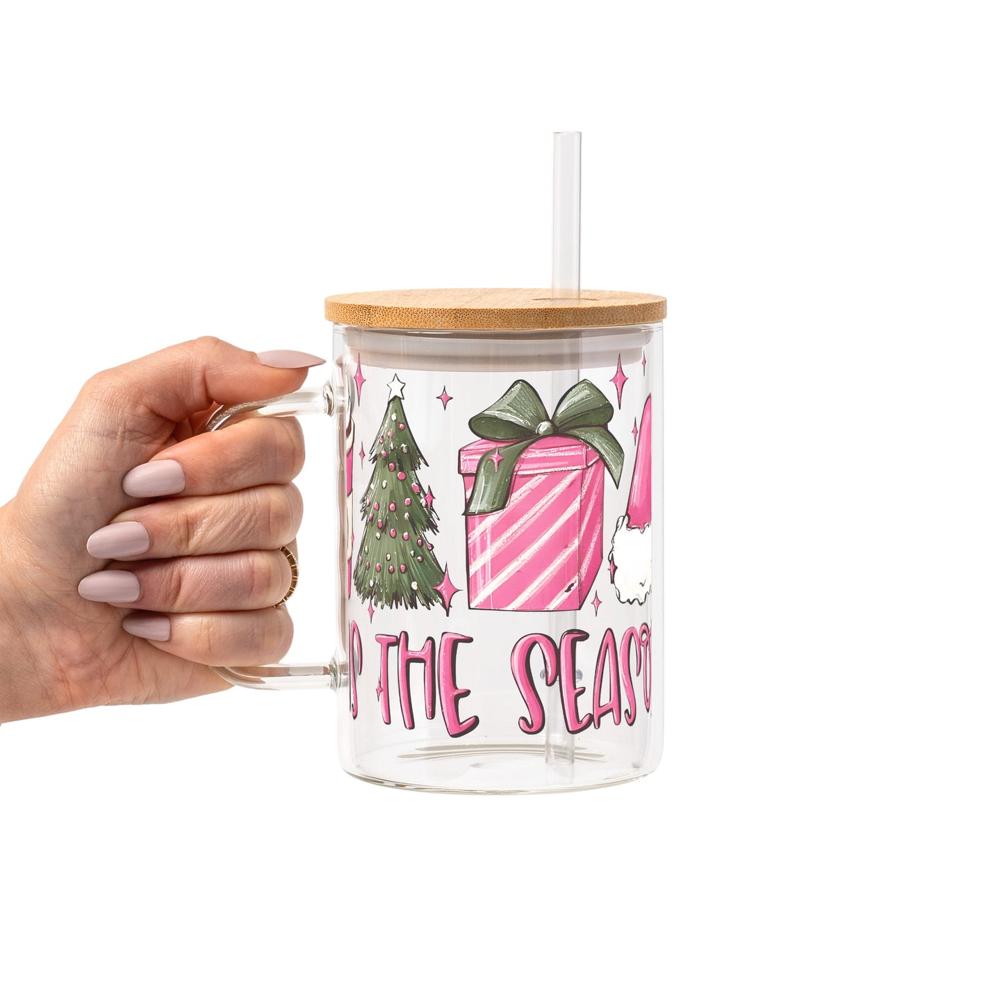 Tis The Season Christmas Glass Cup, Mug & Tumbler with Lid and Straw