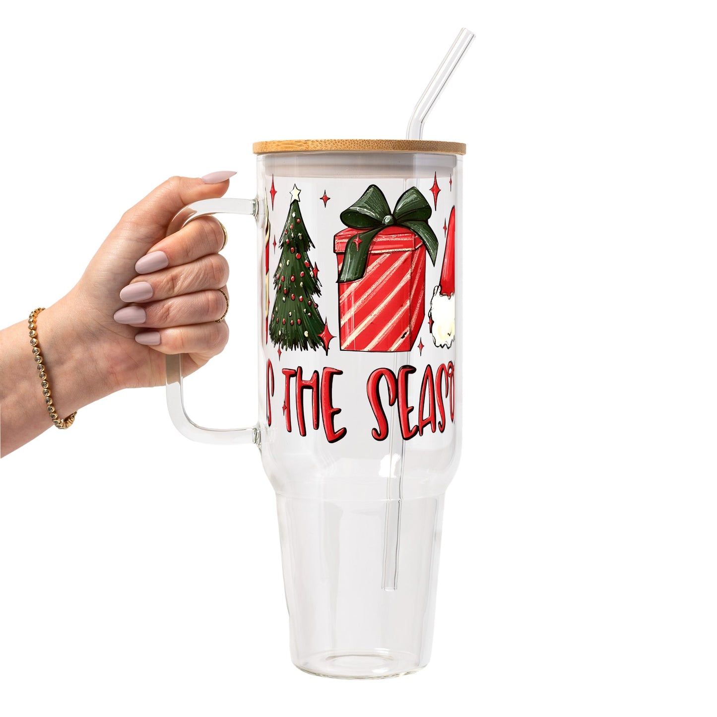Tis The Season Christmas Glass Cup, Mug & Tumbler with Lid and Straw