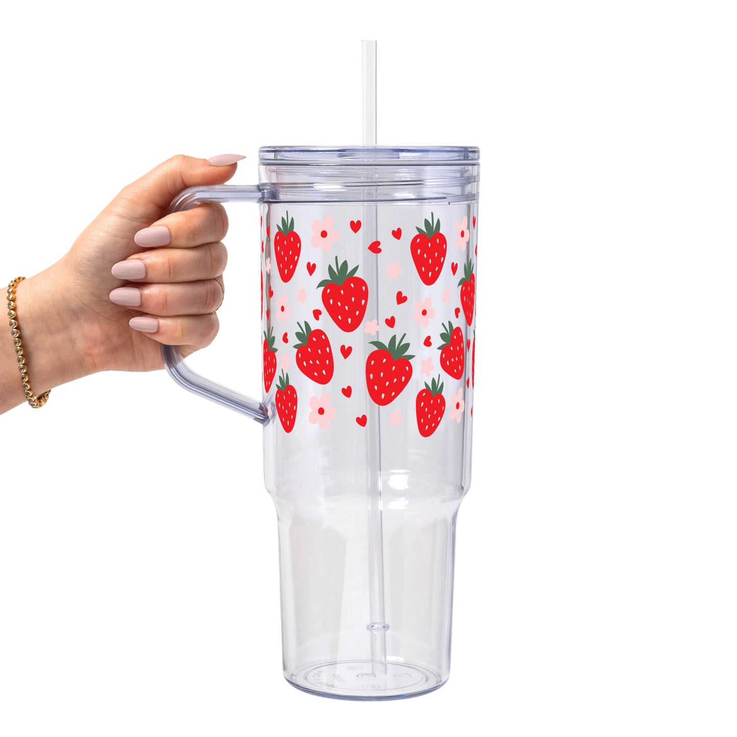 Strawberry Floral Glass Cup, Mug & Tumbler with Lid and Straw