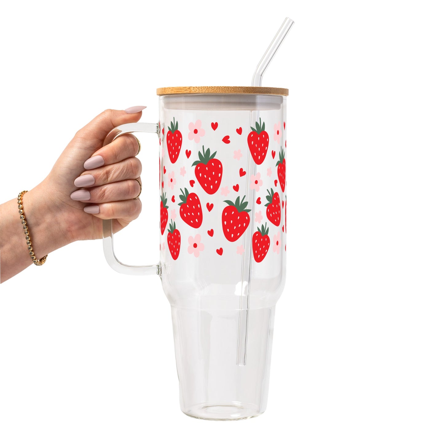 Strawberry Floral Glass Cup, Mug & Tumbler with Lid and Straw
