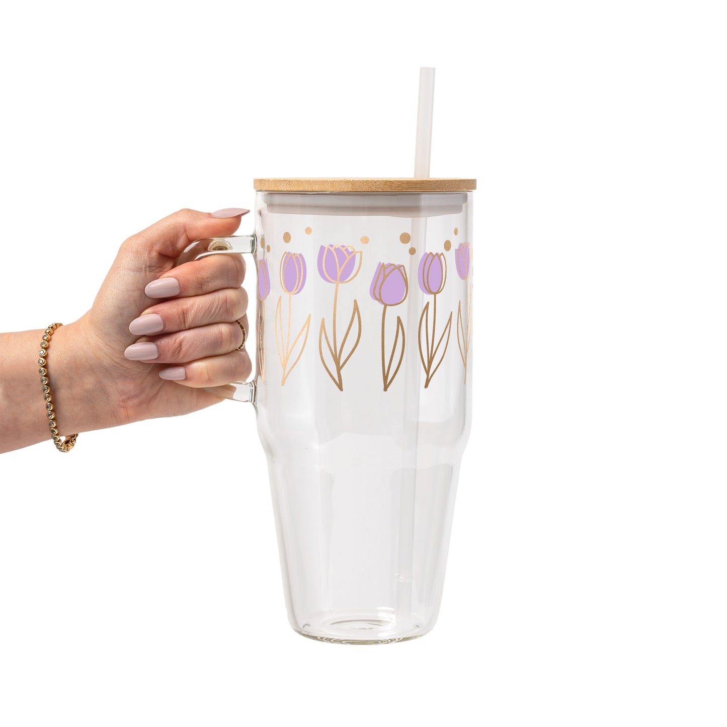 Purple Tulip Glass Cup, Mug & Tumbler with Lid and Straw