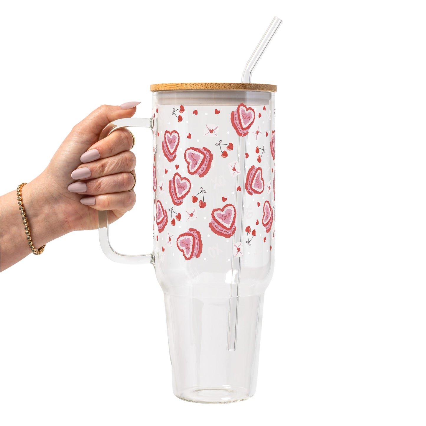 Valentine's Day Heart Cakes Glass Cup, Mug & Tumbler with Lid and Straw