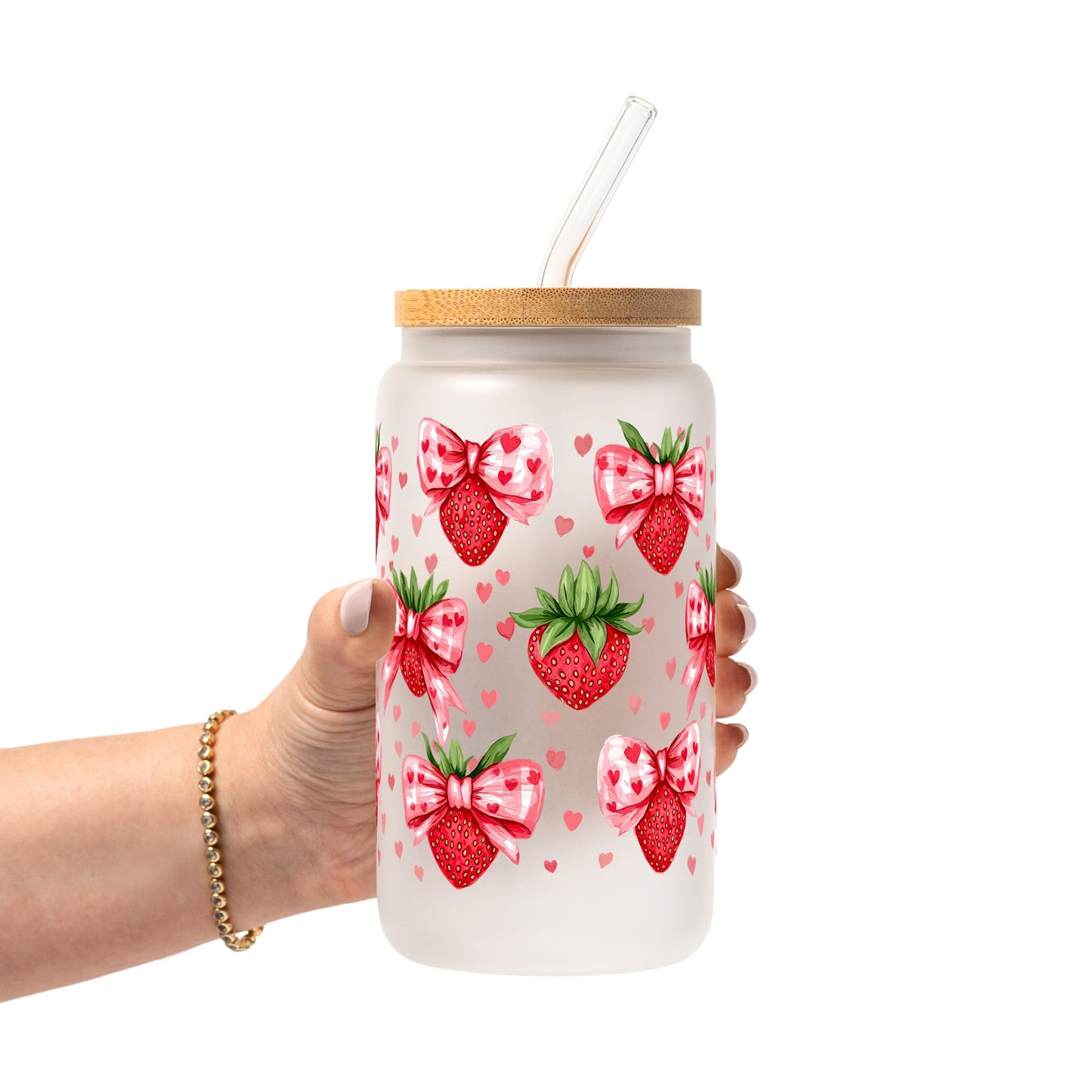 Valentine's Day Strawberry Bows Glass Cup, Mug & Tumbler with Lid and Straw