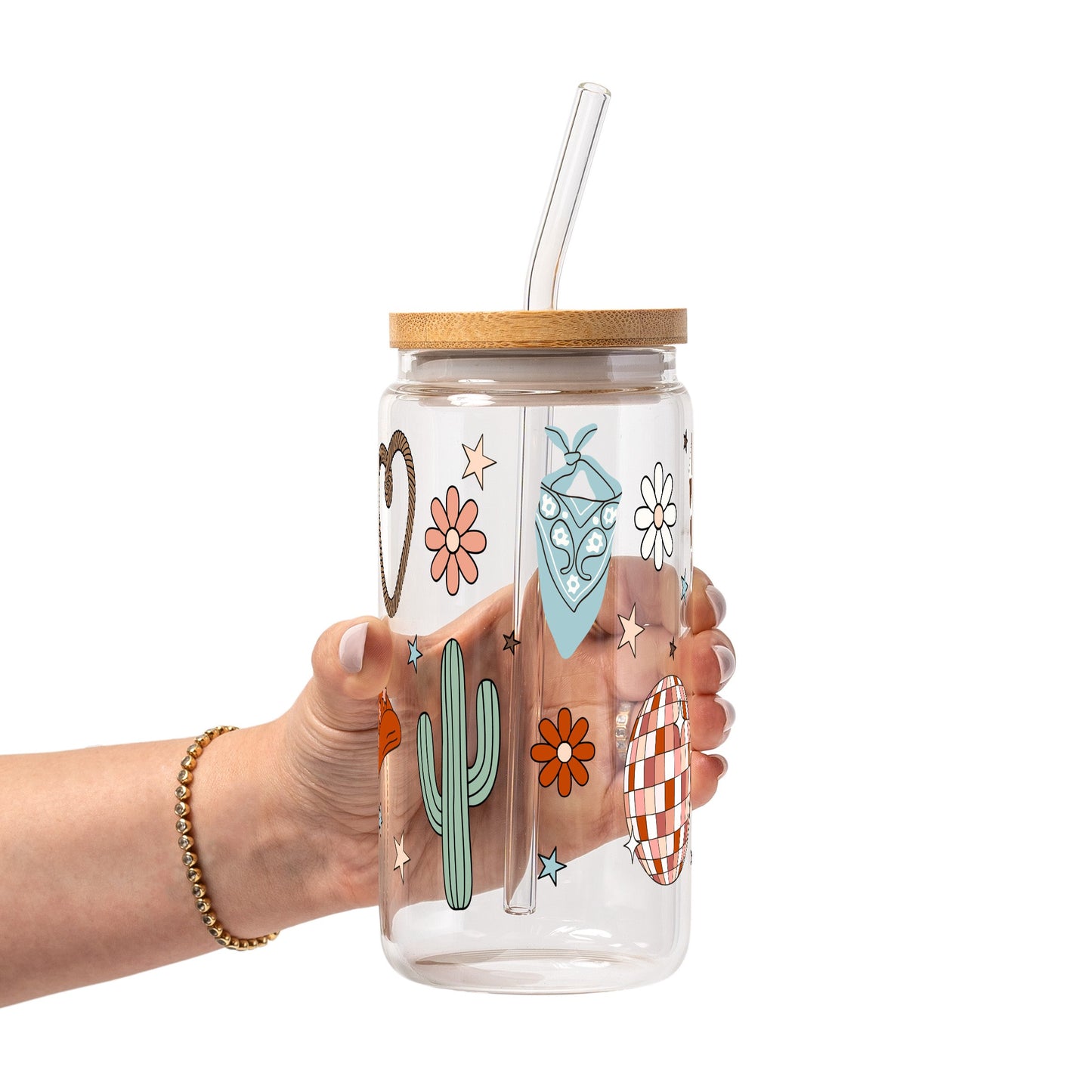 Cute Western Disco Glass Cup, Mug & Tumbler with Lid and Straw