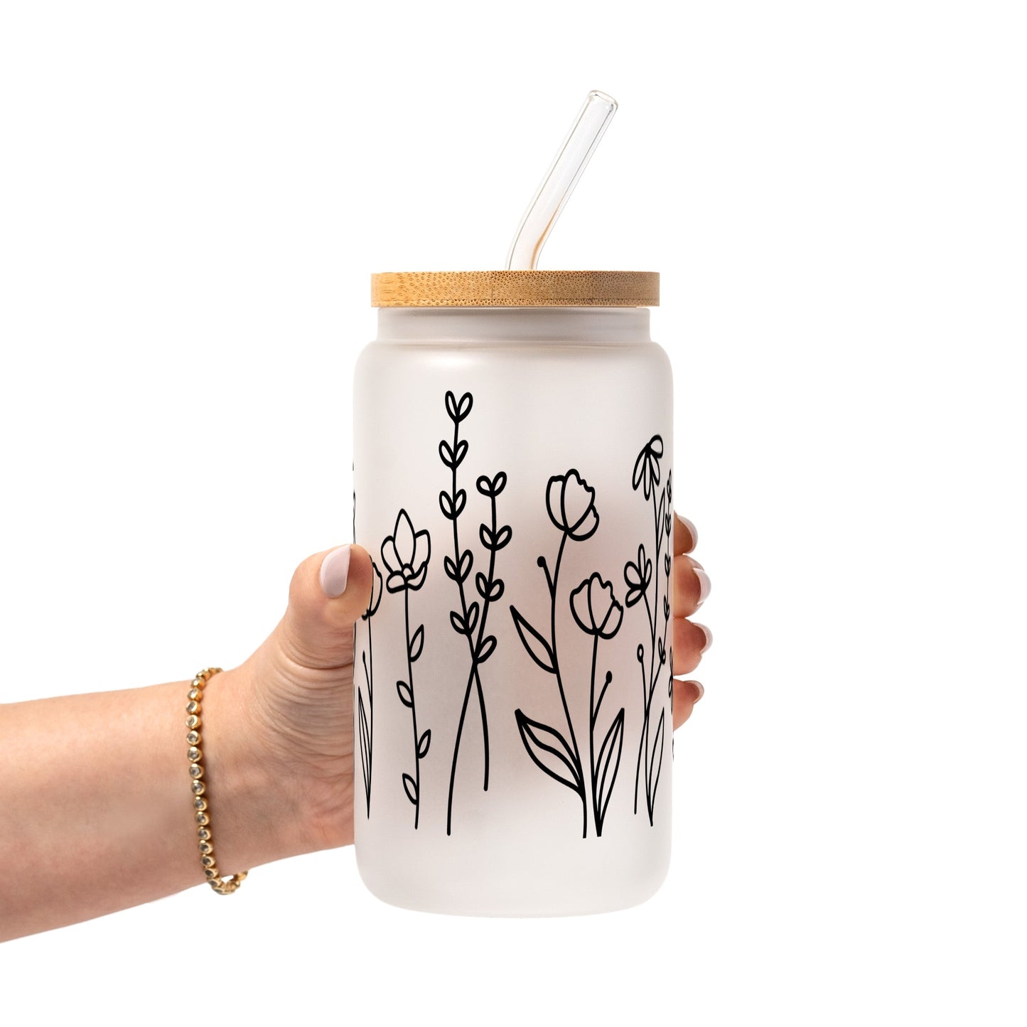 Black Wildflower Glass Cup, Mug & Tumbler with Lid and Straw