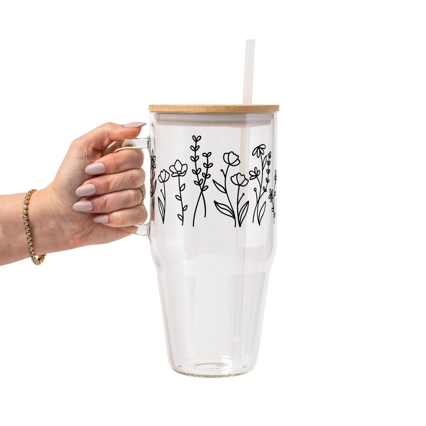 Black Wildflower Glass Cup, Mug & Tumbler with Lid and Straw