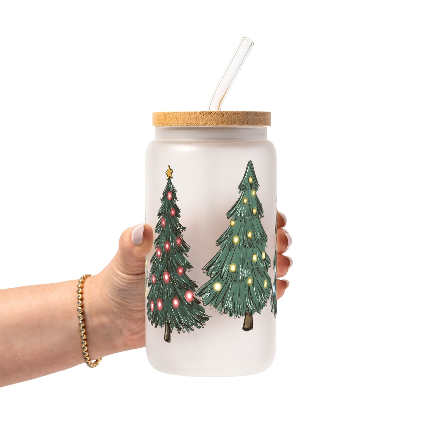 Green Christmas Trees Glass Cup, Mug & Tumbler with Lid and Straw
