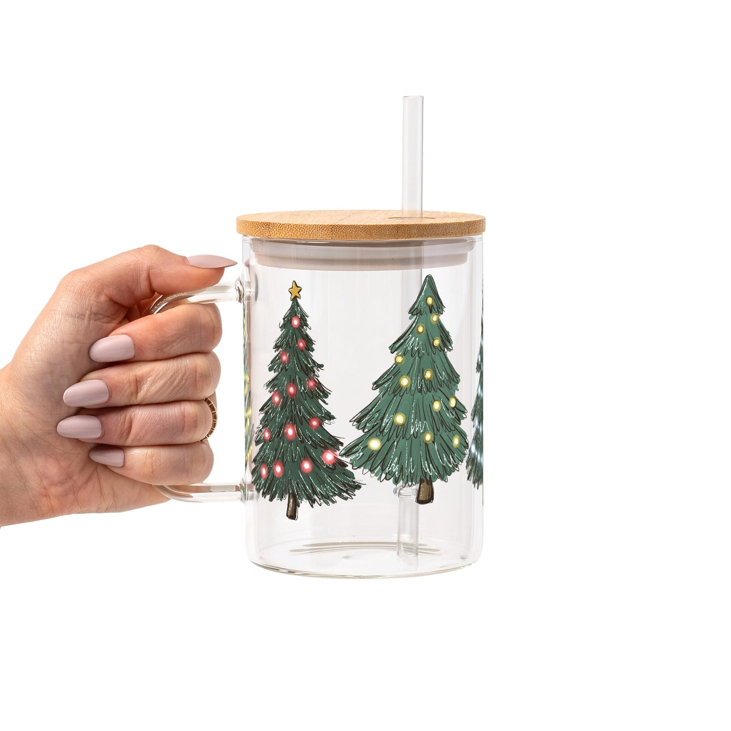 Green Christmas Trees Glass Cup, Mug & Tumbler with Lid and Straw