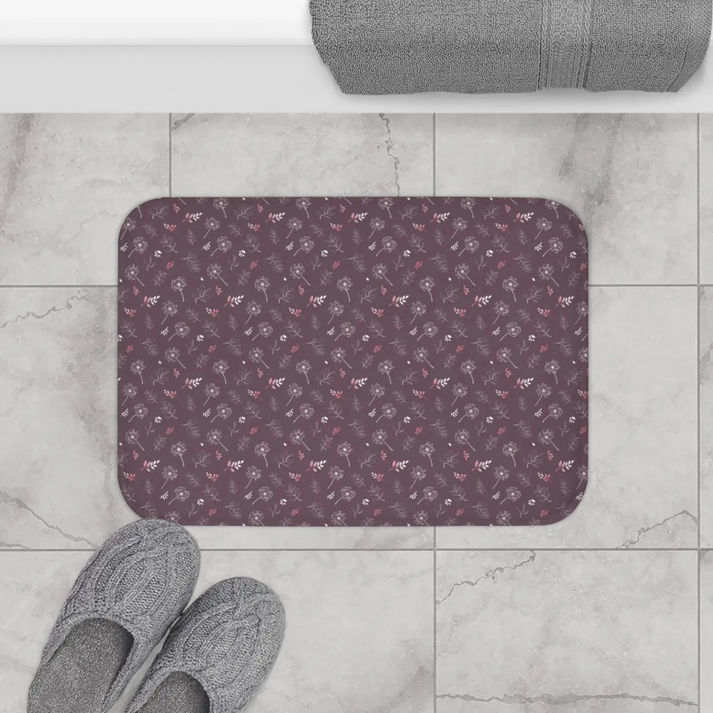 Dreamy Dandelions Mauve Bath Mat – Soft Microfiber - Dipaliz