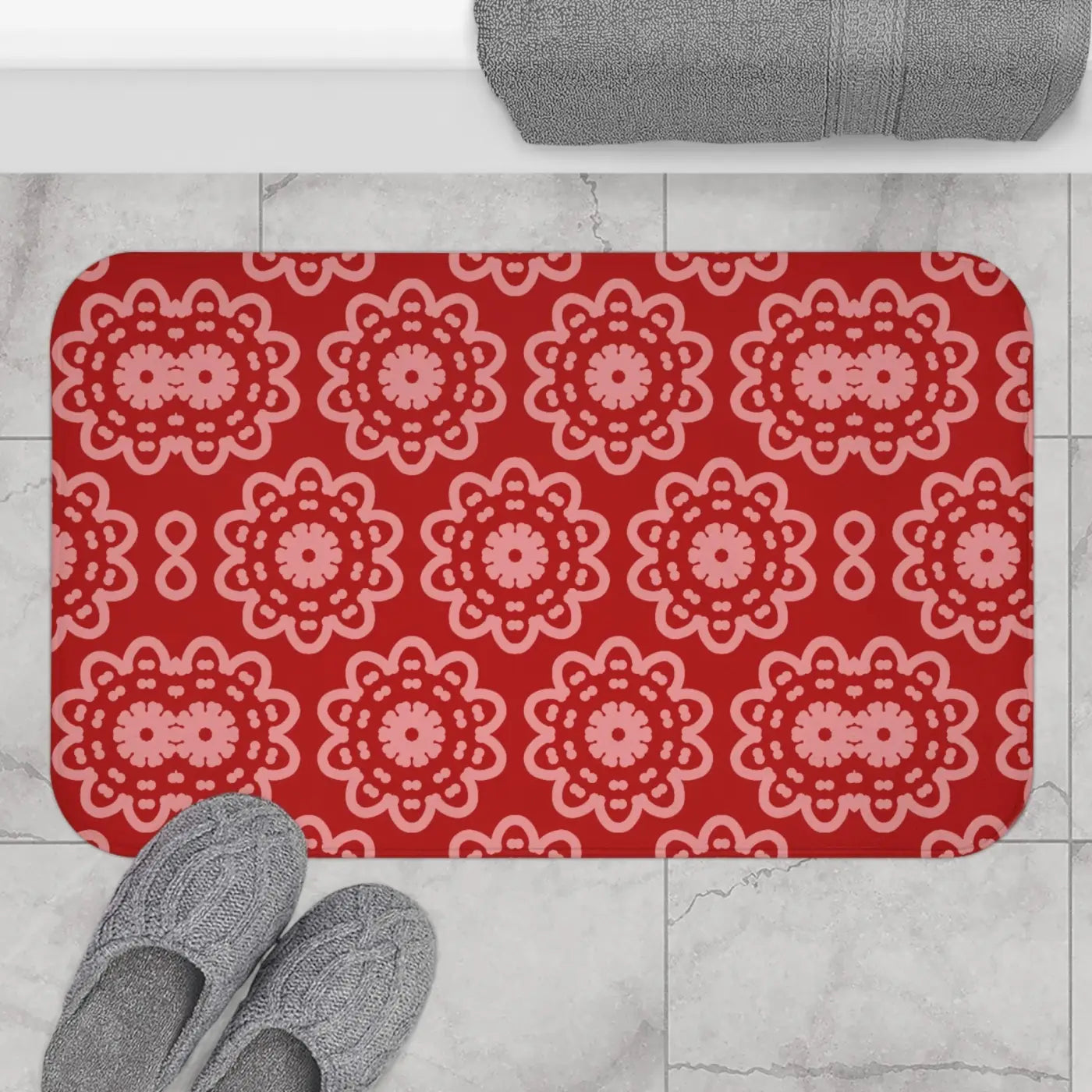 Red Geometric Bath Mat – Soft Microfiber - Dipaliz