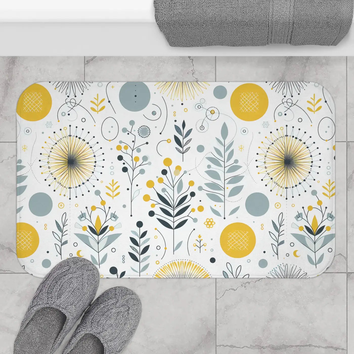 Floral Grey Pattern Bath Mat – Yellow Design - Dipaliz
