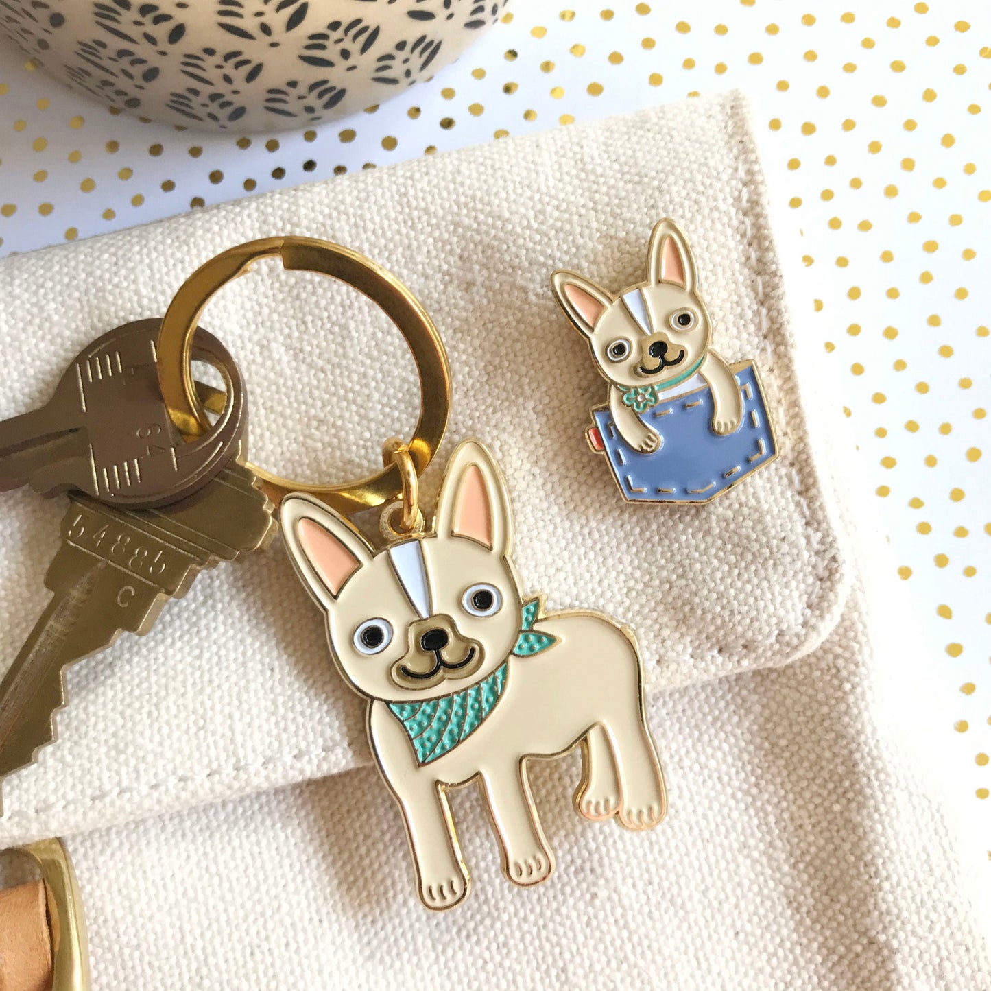Friendly Frenchie French Bulldog Enamel Keychain