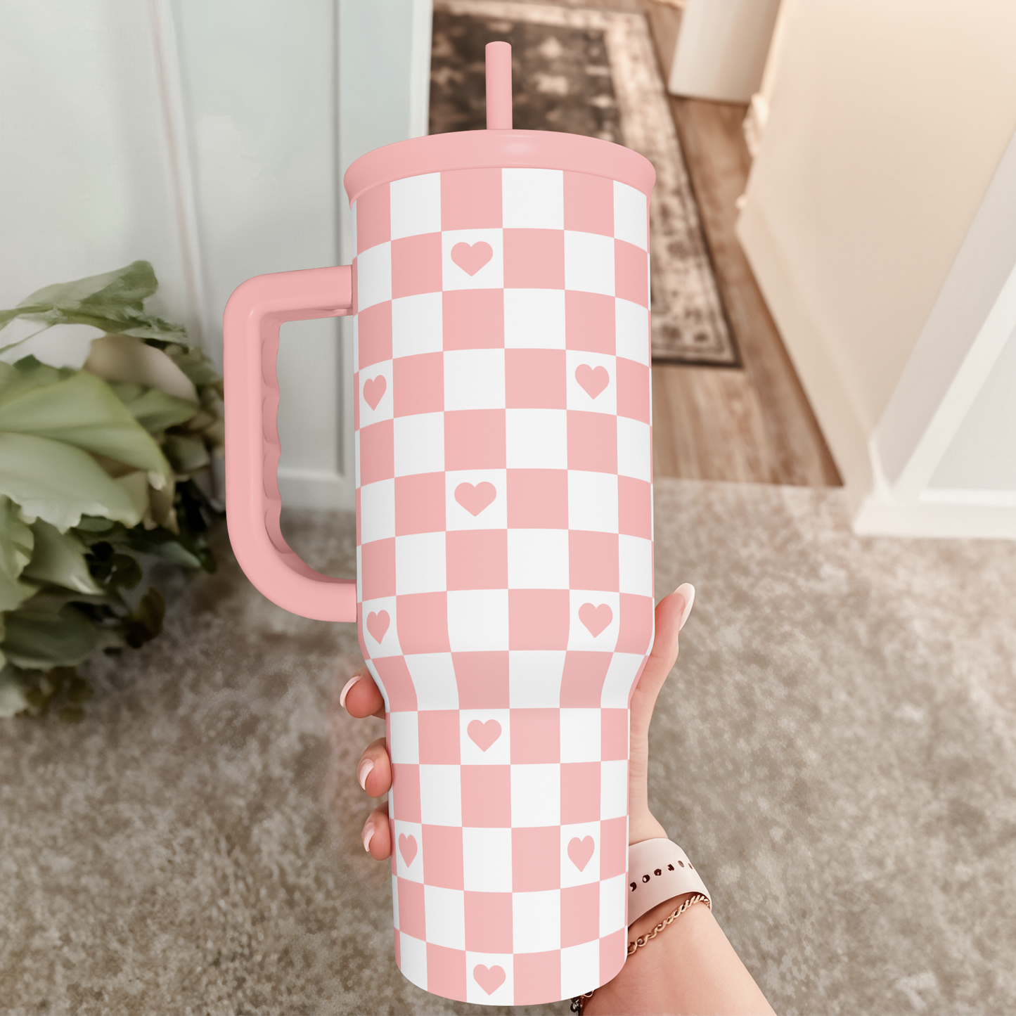 40oz Checkered and Heart Tumbler with Handle and Straw - Insulated Stainless Steel Travel Coffee Mug for Women Girls, Gift for Birthday, Christmas