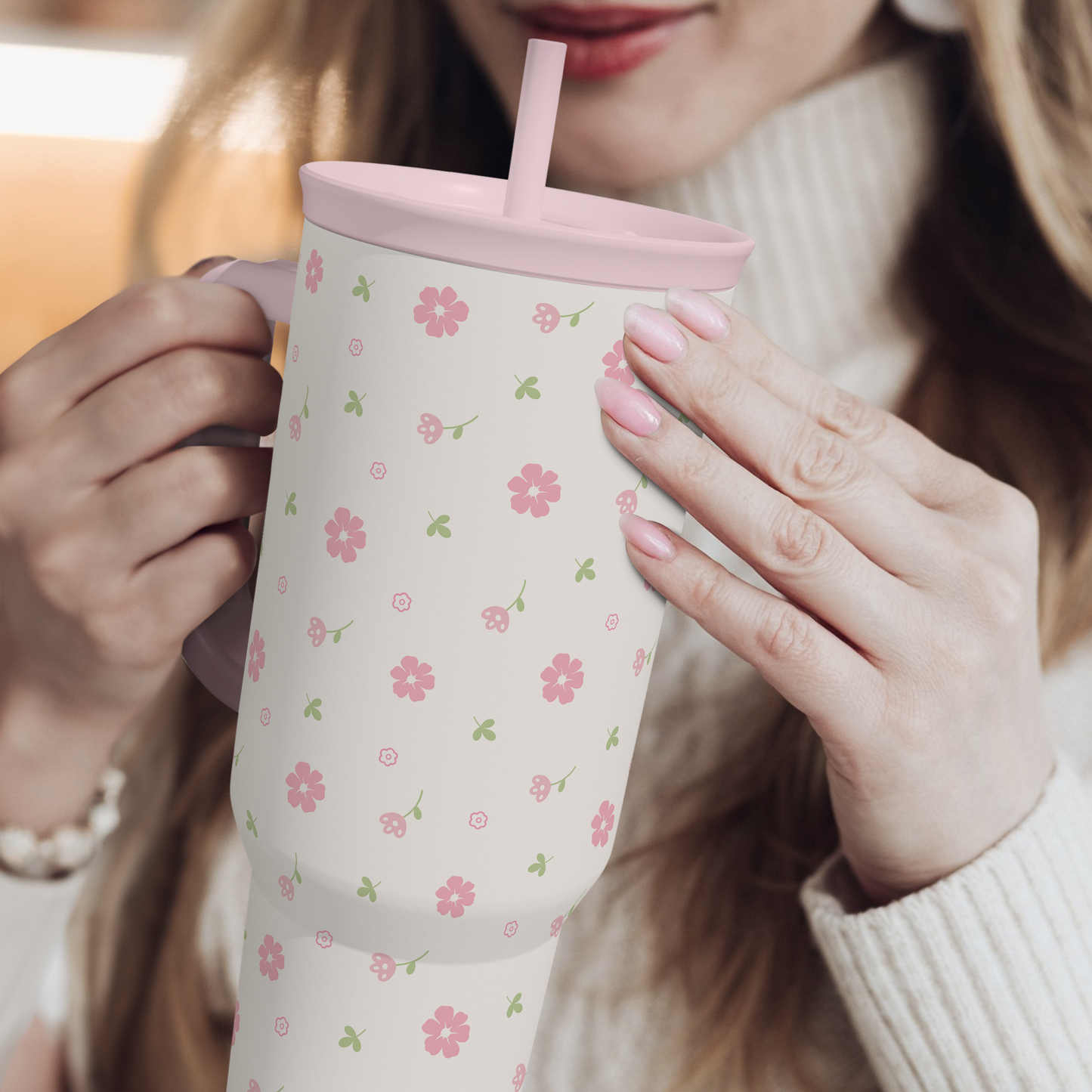Floral 40oz Tumbler with Handle and Straw - Flowers Insulated Stainless Steel Travel Coffee Mug for Women Girls - Gift Idea for Birthday Christmas Mothers Day