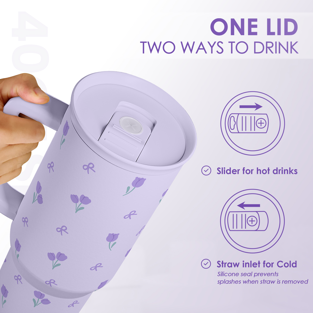 Floral 40oz Tumbler with Handle and Straw – Tulip Insulated Stainless Steel Travel Coffee Mug for Women Girls,  Floral Gift Idea for Birthday Christmas Mothers Day