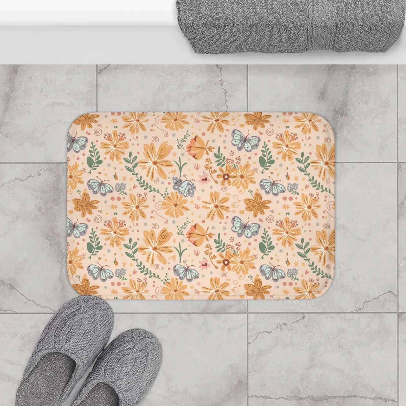 Orange Butterfly Floral Bath Mat – Anti-slip Backing - Dipaliz