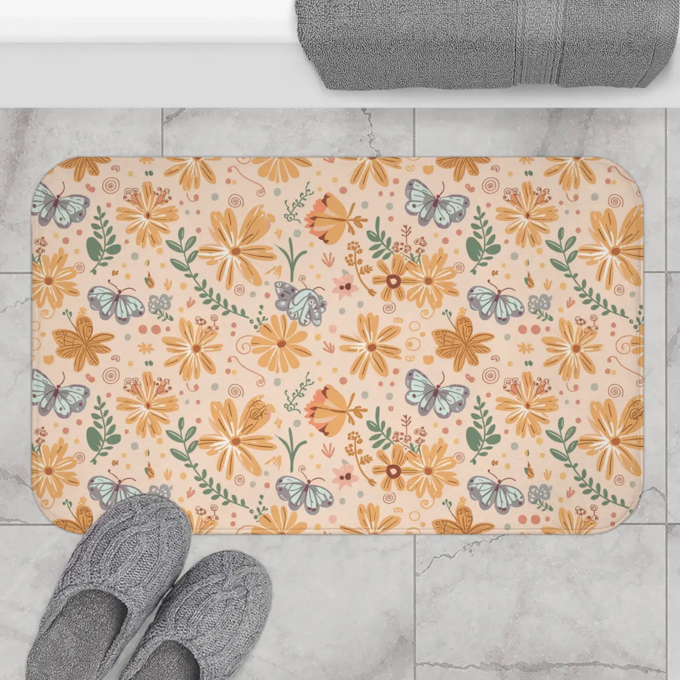 Orange Butterfly Floral Bath Mat – Anti-slip Backing - Dipaliz
