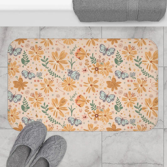 Orange Butterfly Floral Bath Mat – Anti-slip Backing - Dipaliz